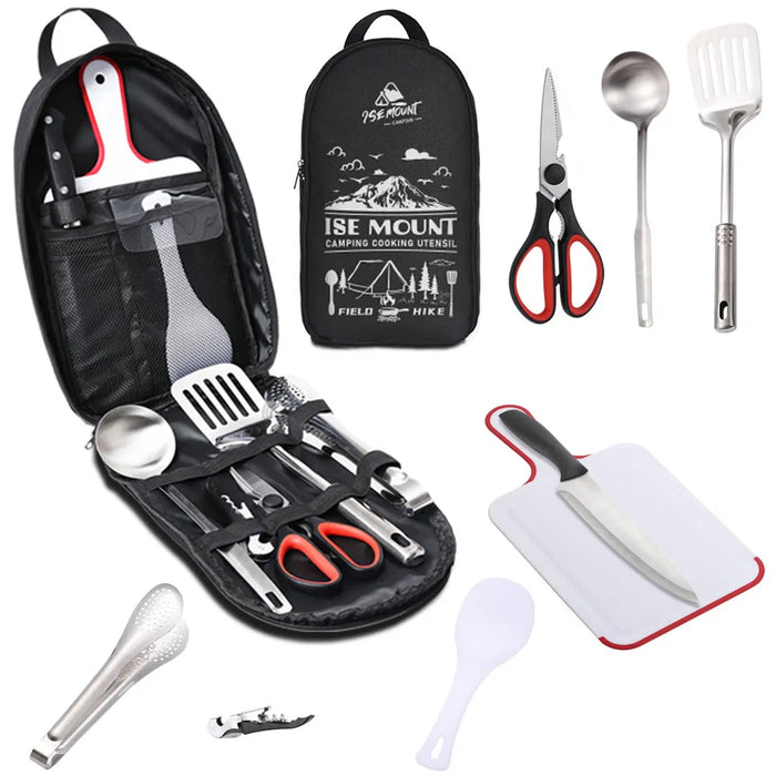 Portable Travel Utensils Set 9pcs Stainless Steel Camping Kitchen Cookware Set Kitchenware for Backpacking BBQ Camping Picnic