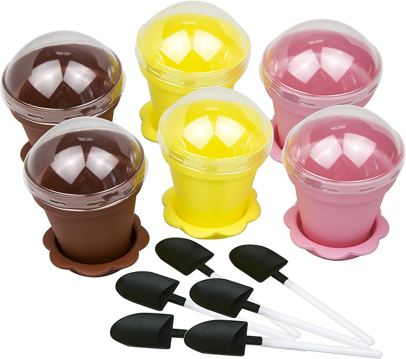 JJMG 6 Pack Colorful Mini Plastic Flower Pot Shape Inspired Customized Cupcake Tiramisu Cups with Trays and Shovel Spoons