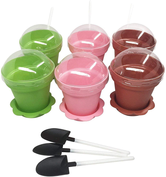 JJMG 6 Pack Colorful Mini Plastic Flower Pot Shape Inspired Customized Cupcake Tiramisu Cups with Trays and Shovel Spoons
